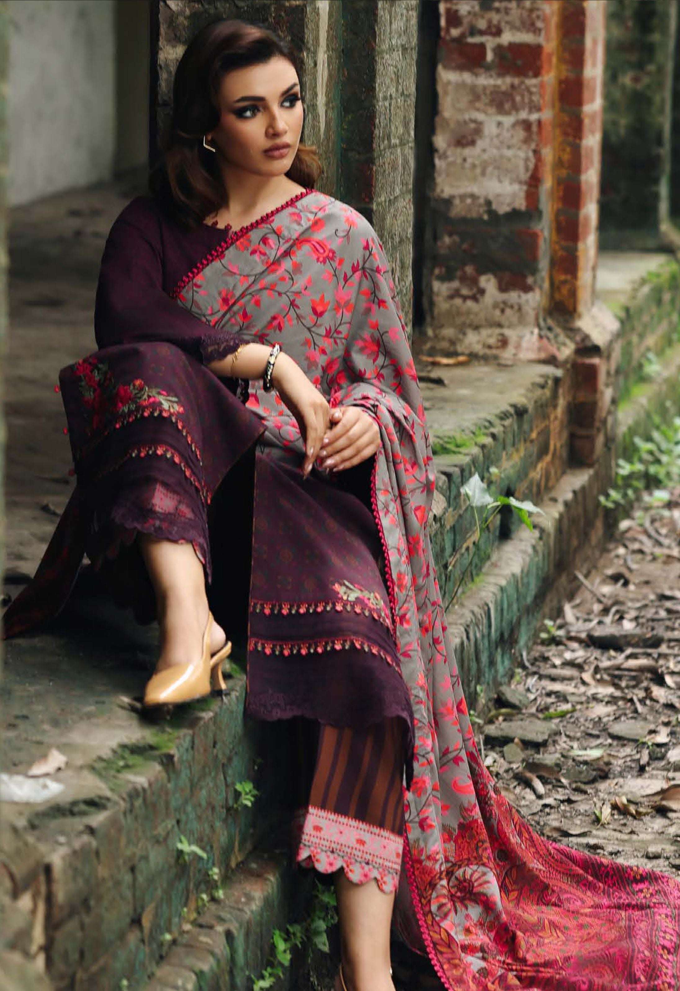 Maroon Red Floral Festive Print Linen Suit Set - Charizma's Collection
