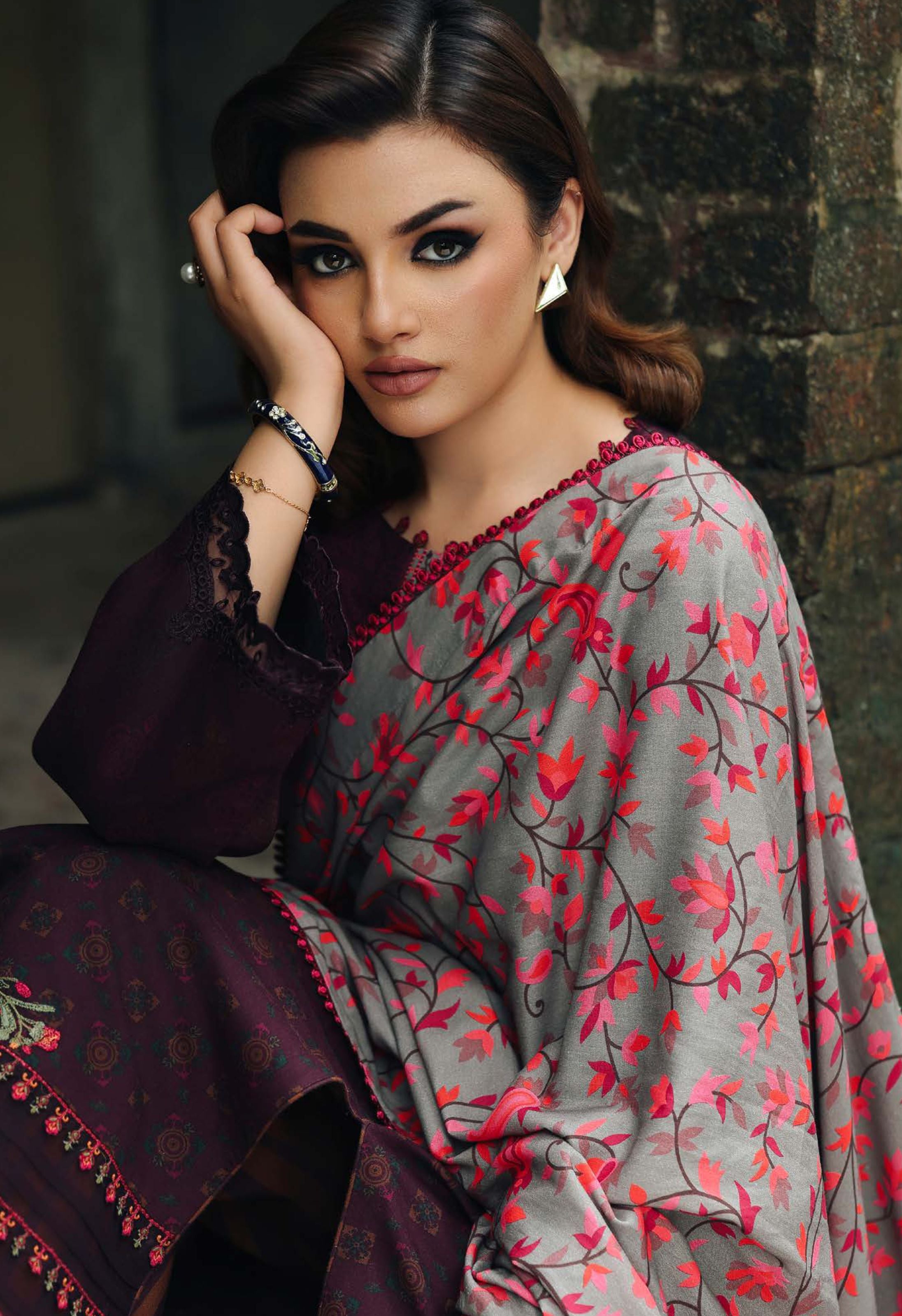 Maroon Red Floral Festive Print Linen Suit Set - Charizma's Collection