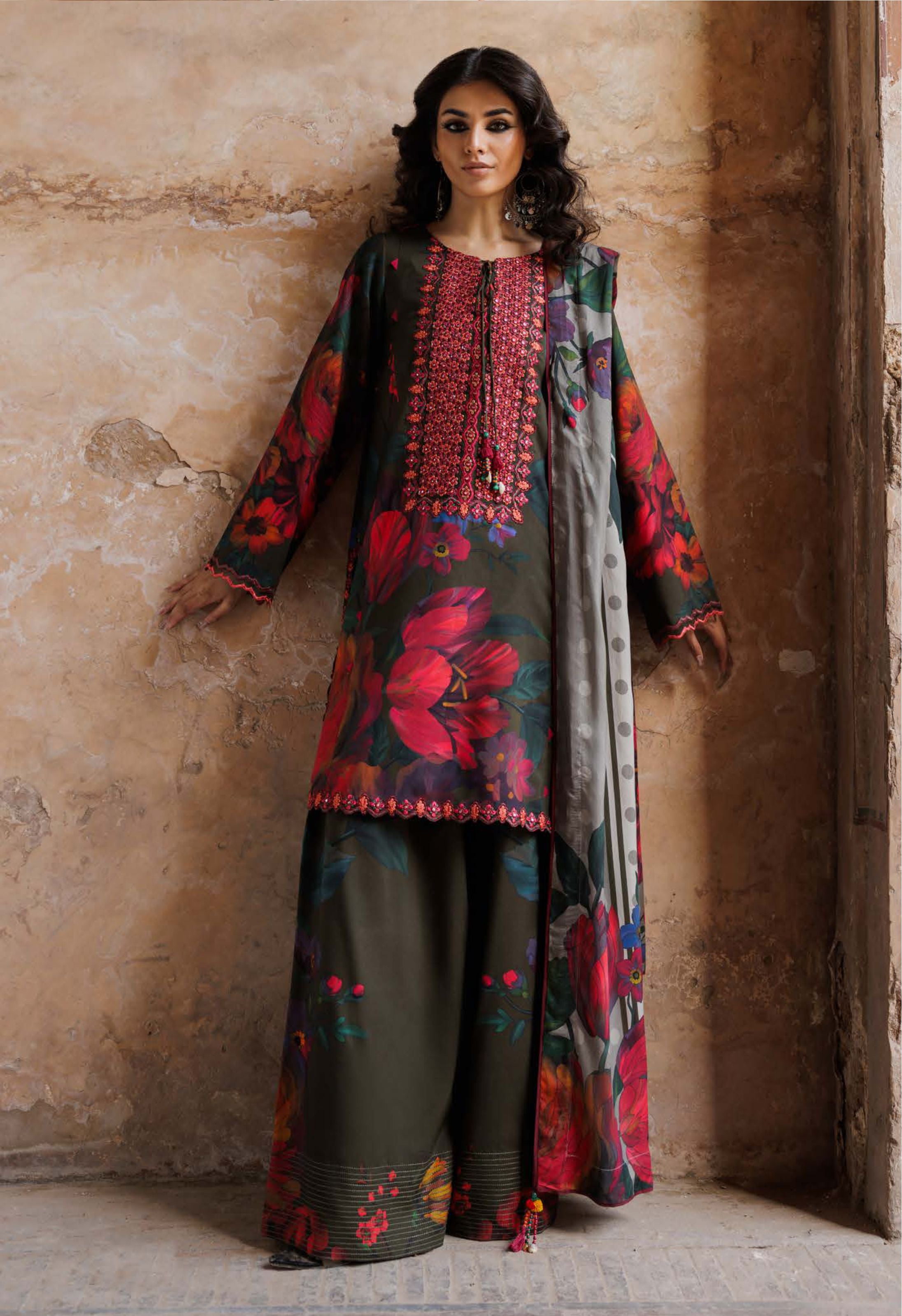 Olive Red Floral Festive Attire Print Linen Suit Set - Charizma's Collection