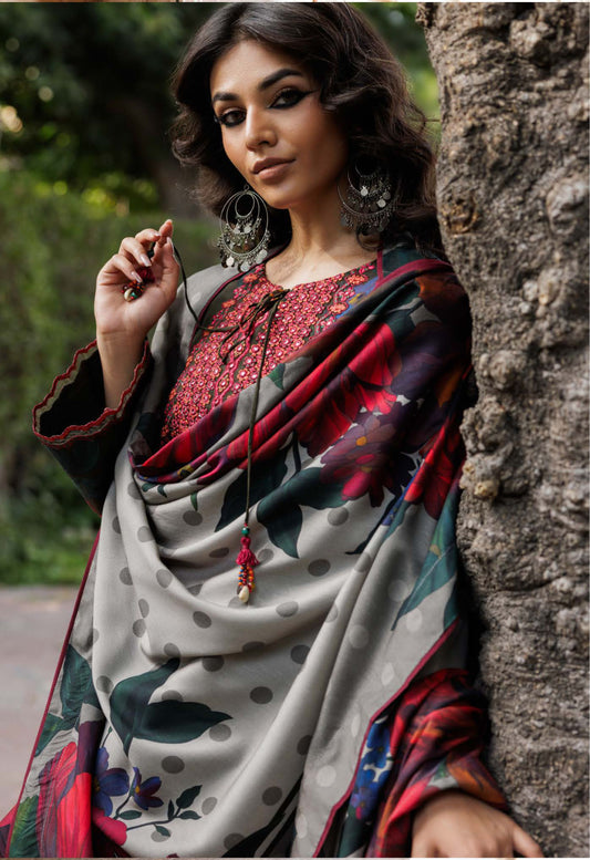 Olive Red Floral Festive Attire Print Linen Suit Set - Charizma's Collection