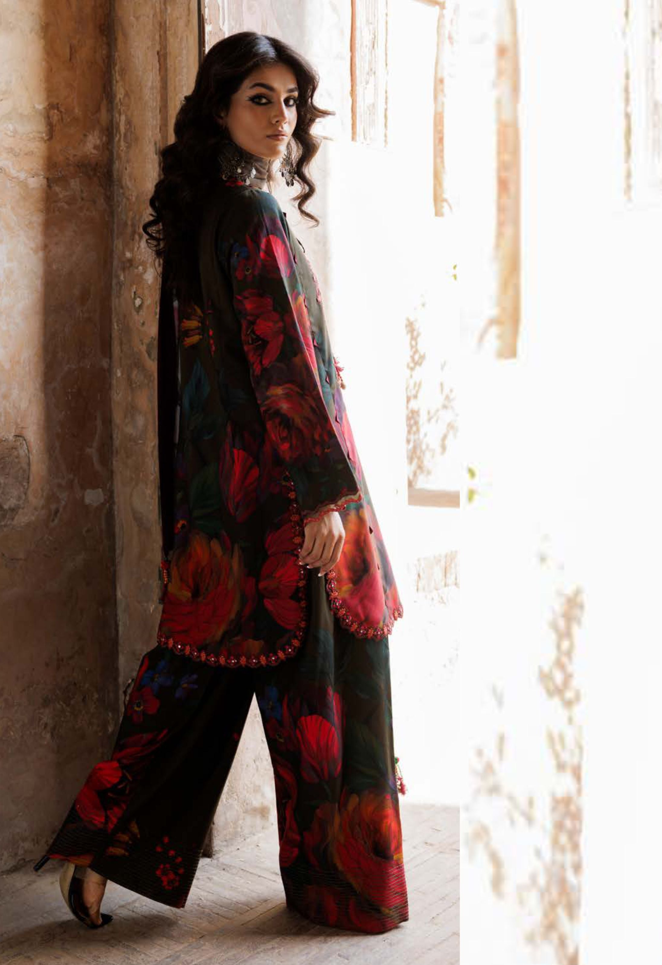 Olive Red Floral Festive Attire Print Linen Suit Set - Charizma's Collection