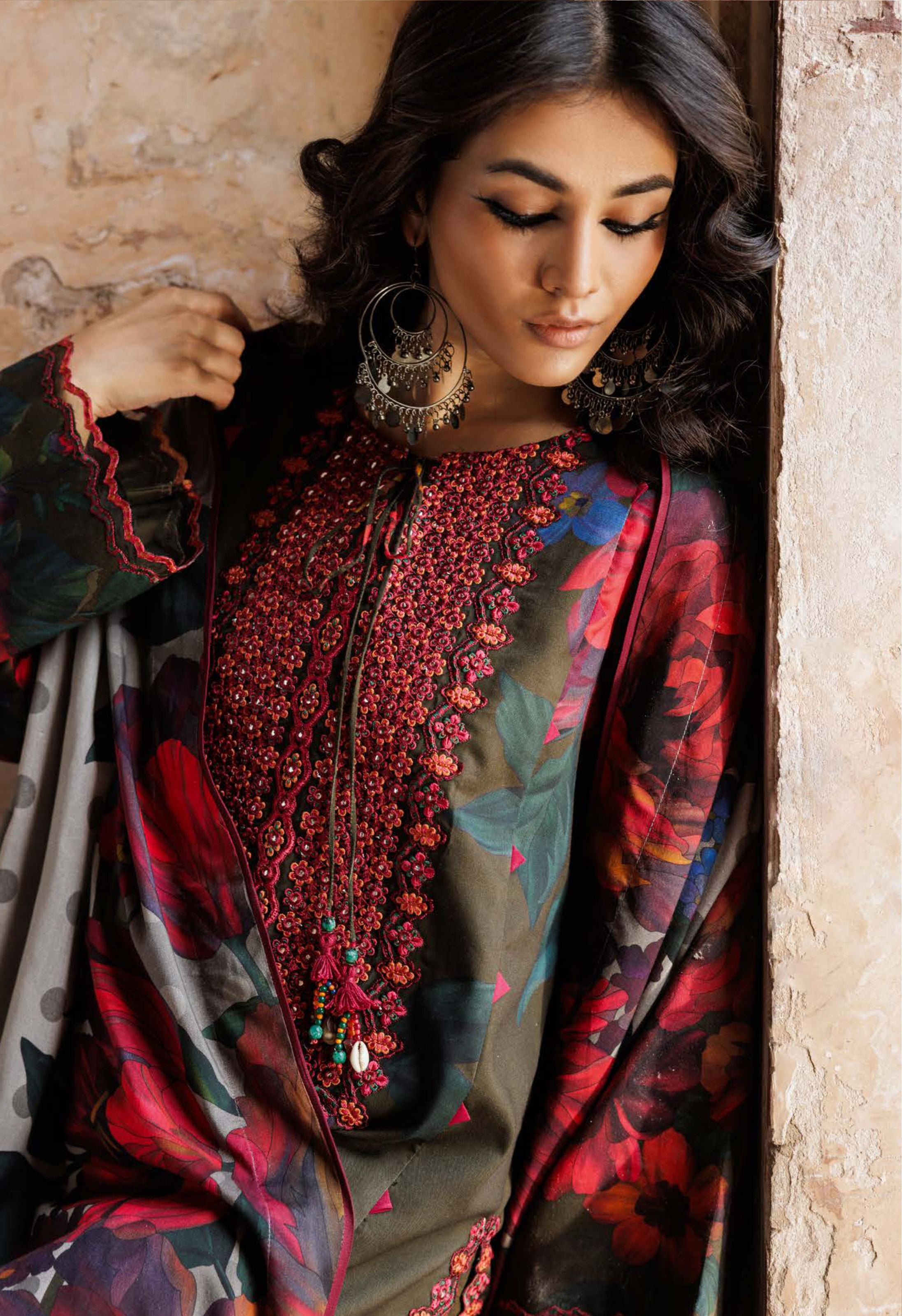 Olive Red Floral Festive Attire Print Linen Suit Set - Charizma's Collection