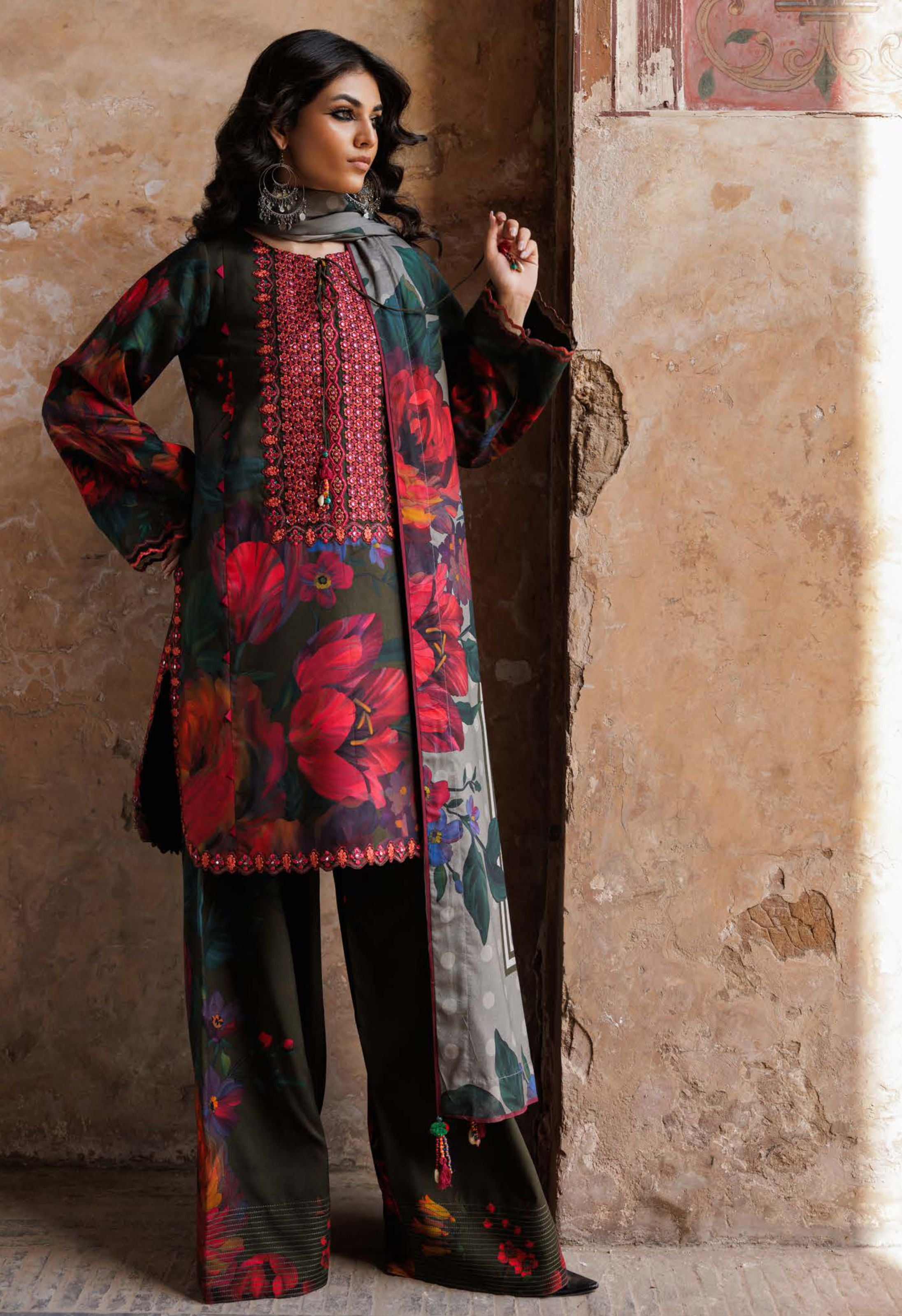 Olive Red Floral Festive Attire Print Linen Suit Set - Charizma's Collection