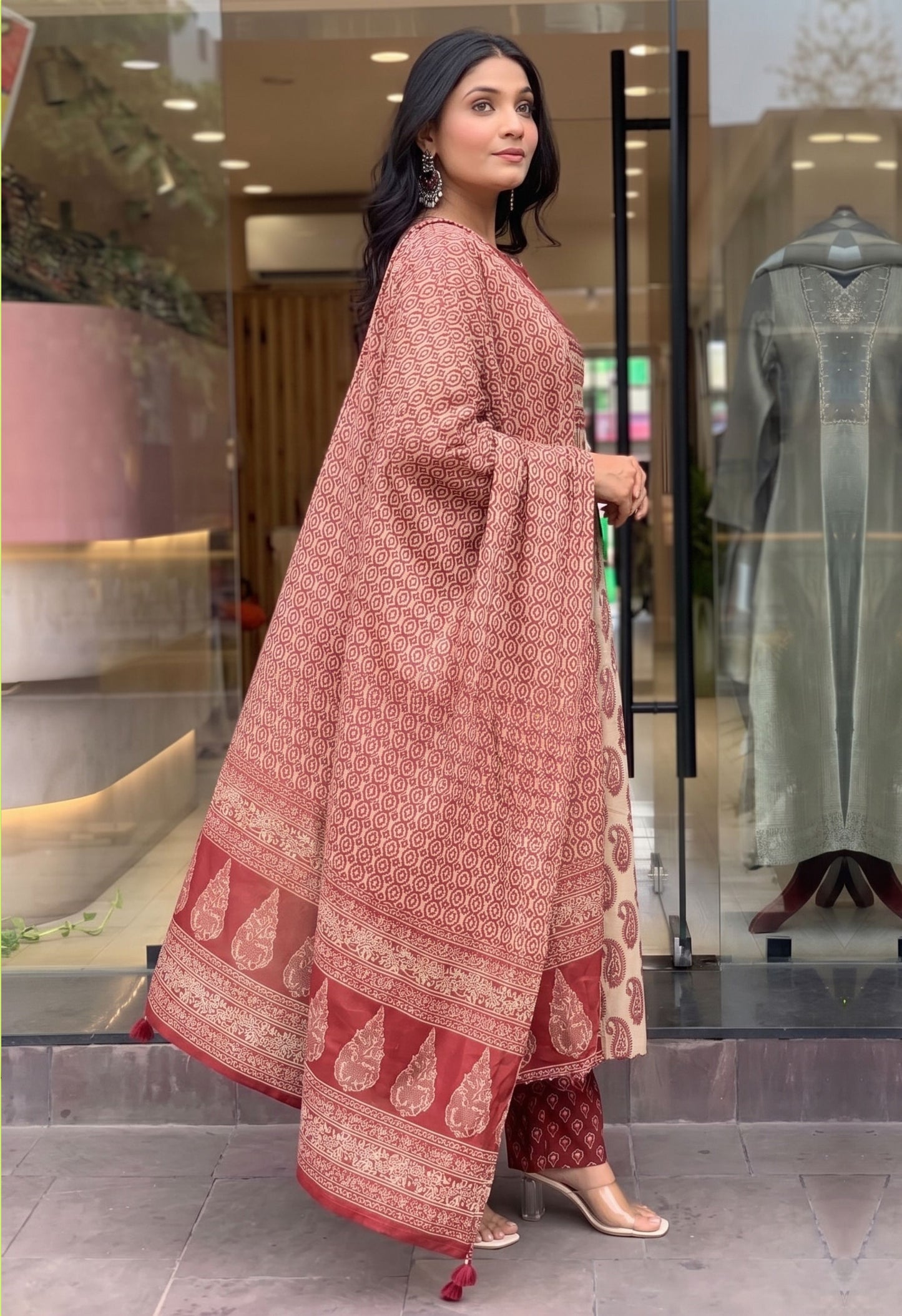 Nazakat Rosewood Blush Printed Cotton Anarkali Suit Set with Dupatta for Women