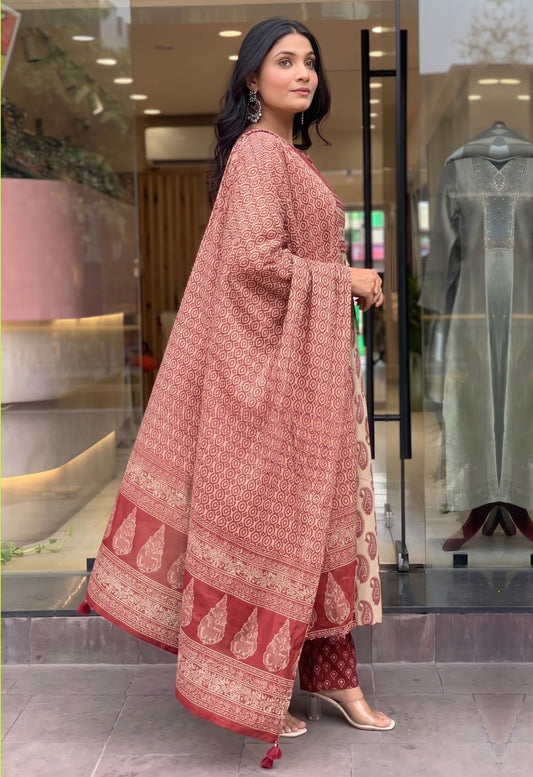 Nazakat Rosewood Blush Printed Cotton Anarkali Suit Set with Dupatta for Women