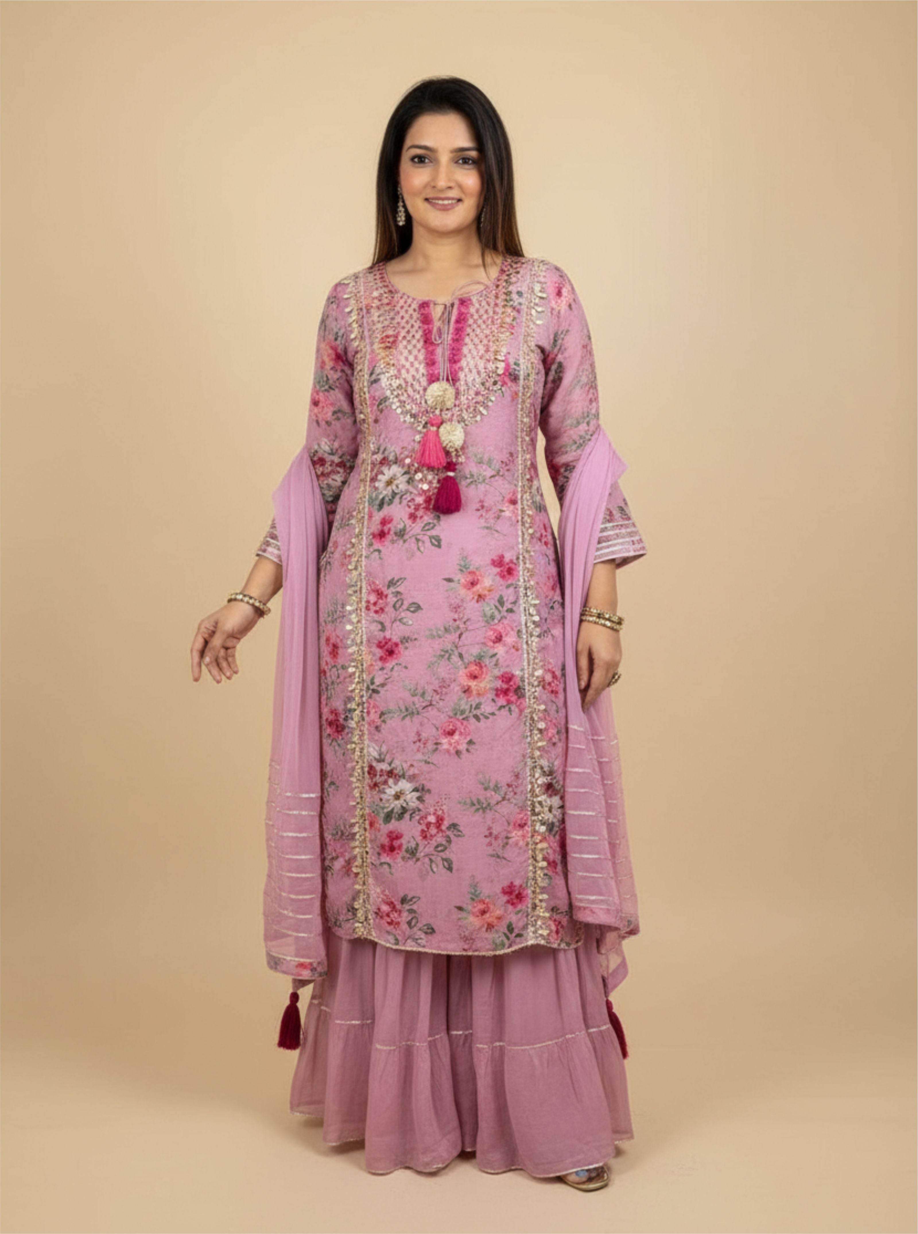 Pink Floral Skirt Modern Ethnic Ensemble Embroidered Printed Linen Suit Set