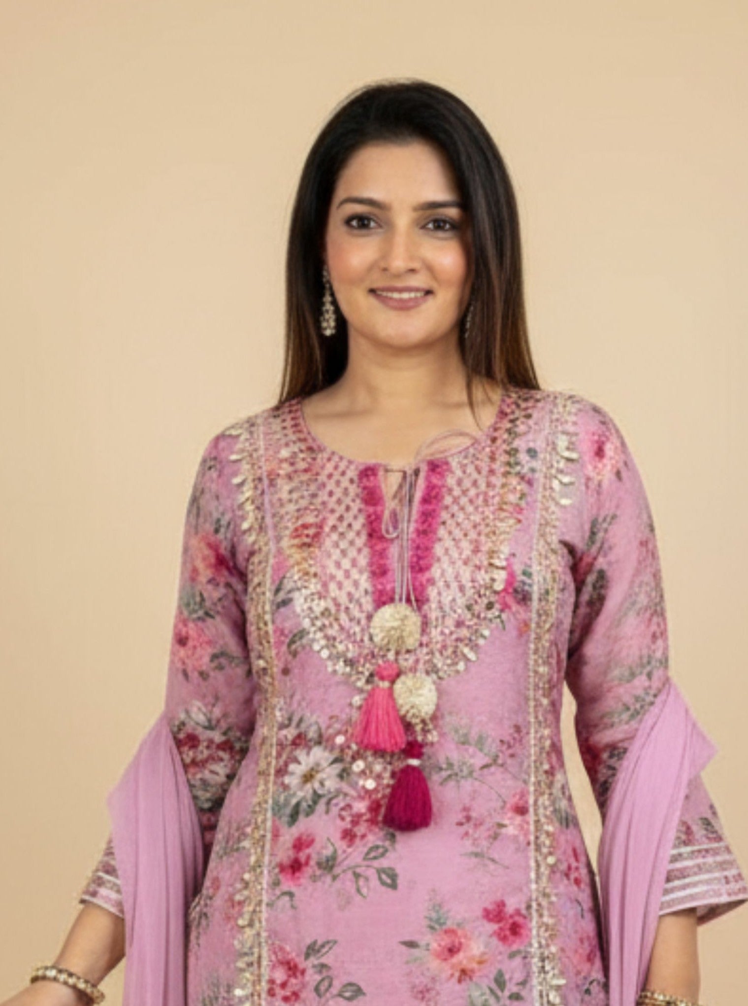 Pink Floral Skirt Modern Ethnic Ensemble Embroidered Printed Linen Suit Set