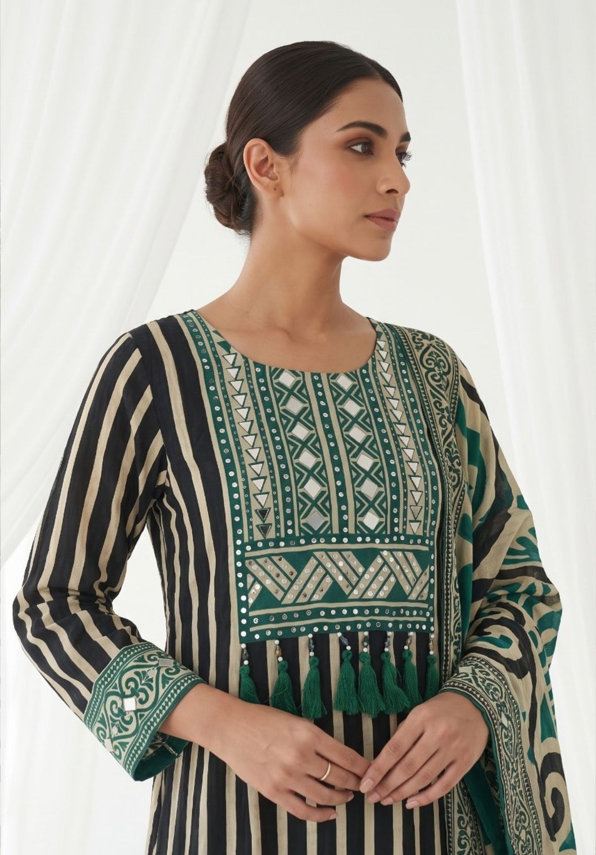 Black Teal Printed Viscose Crepe Farshi Suit Set