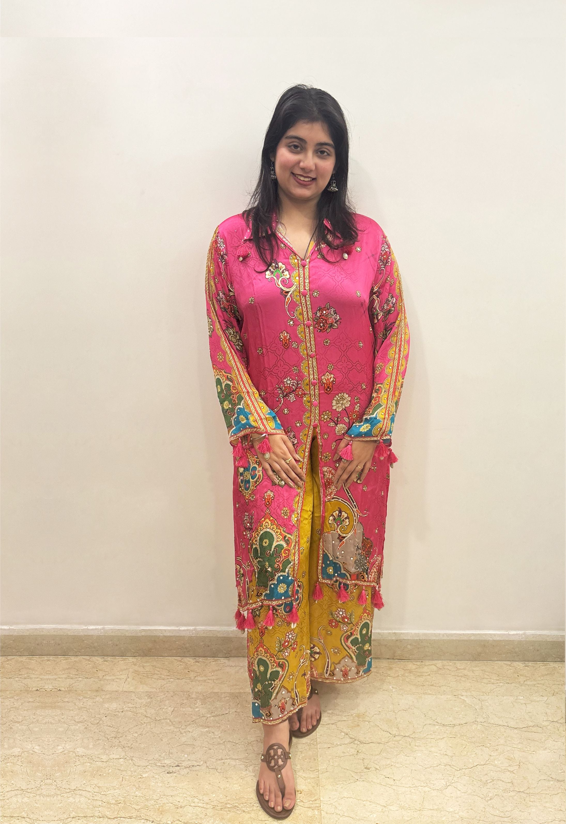 Vibrant Satin Suit with Multicolor Printed Festive Design