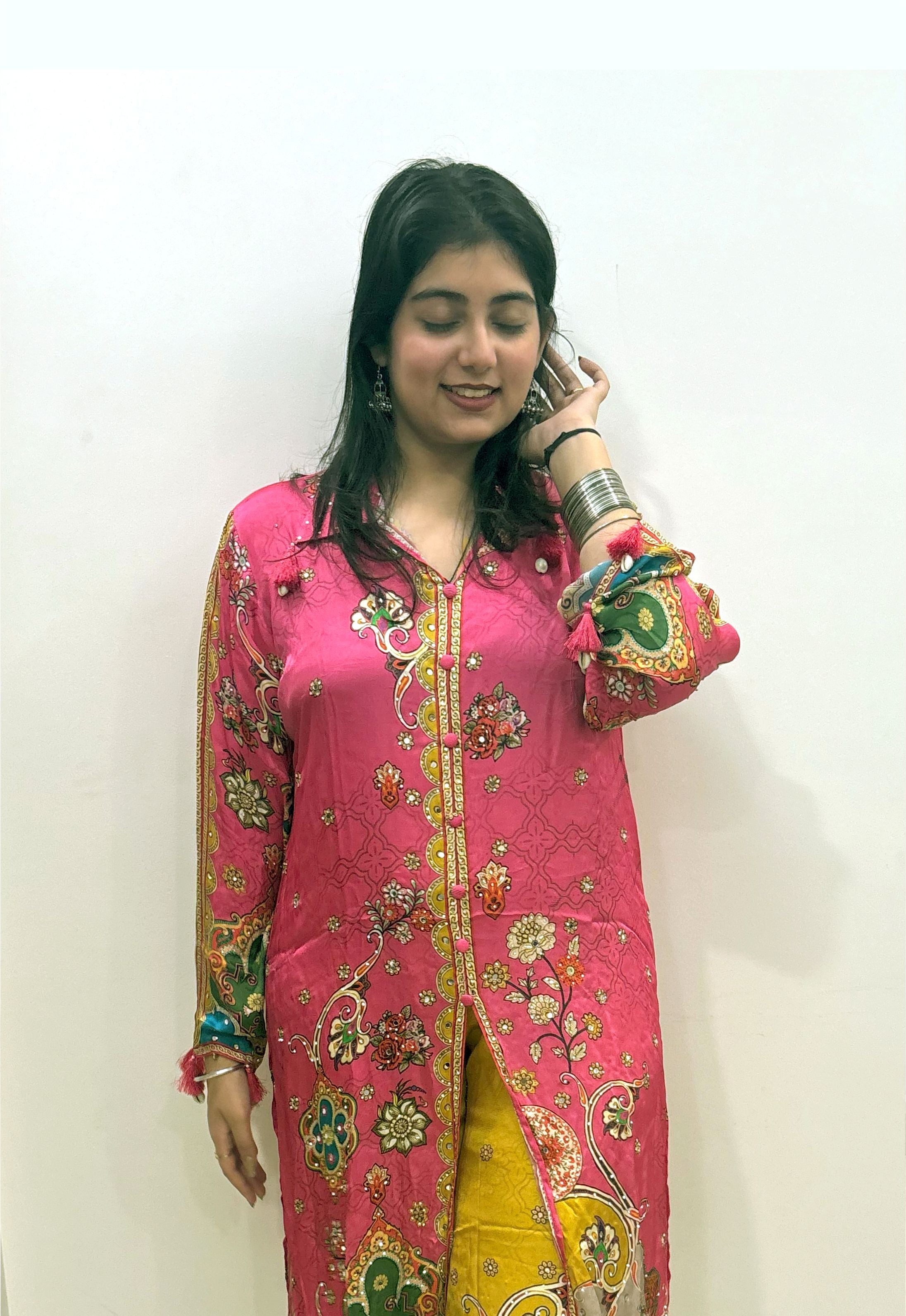 Vibrant Satin Suit with Multicolor Printed Festive Design