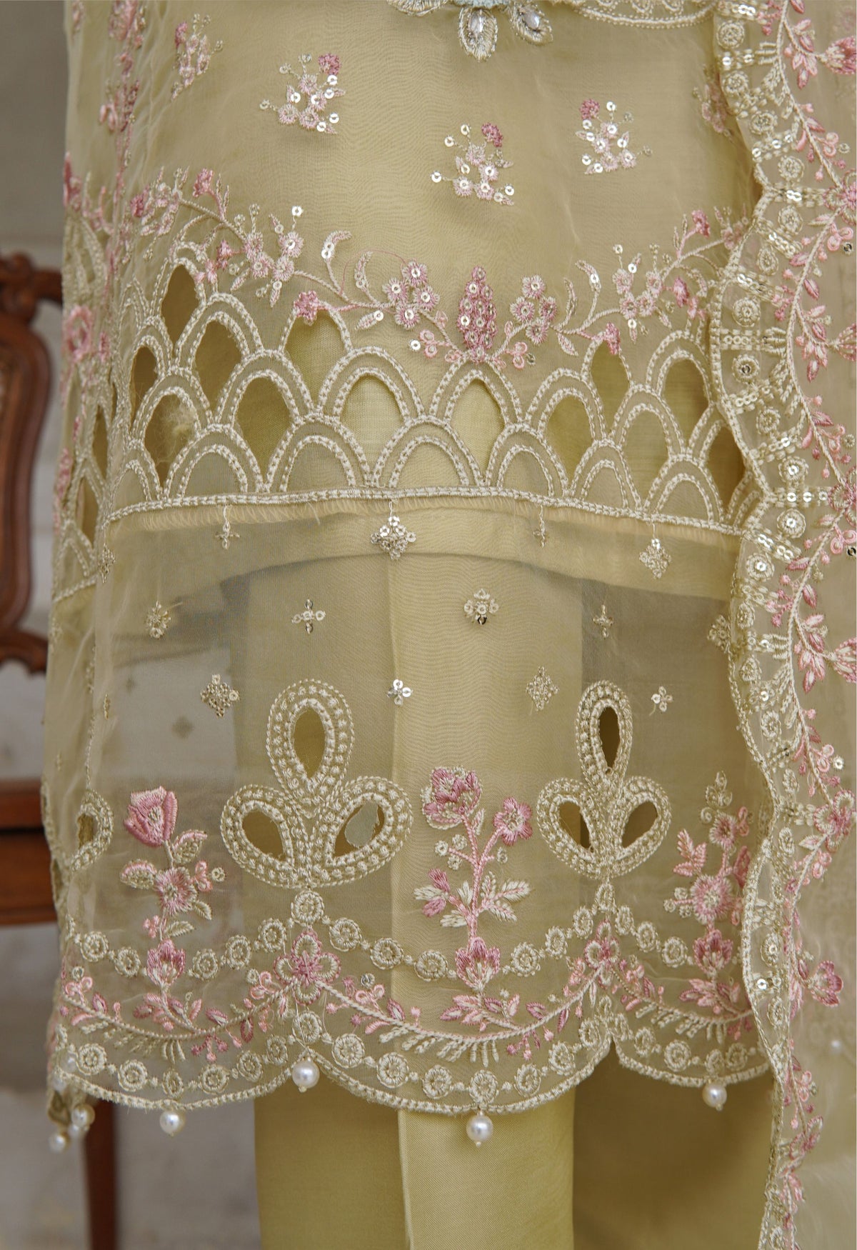 Yellow Embroidered Organza Suit - Sadabahar