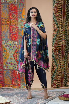 Midnight Bloom Navy Cotton Muslin Kaftan Set - Noor-e-Rang