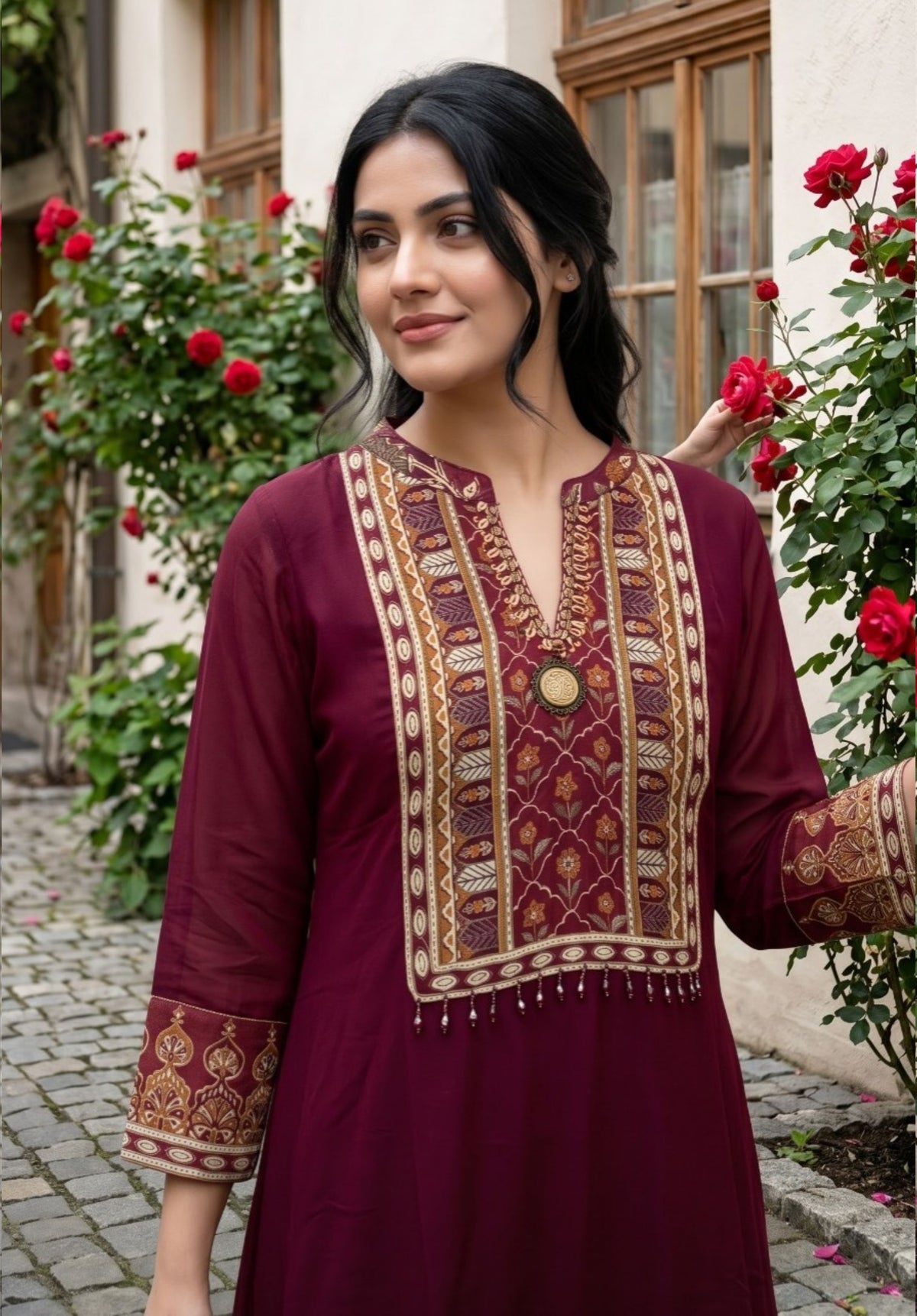 Wine Printed Viscose Georgette Kurta Pant Ethnic Suit Set