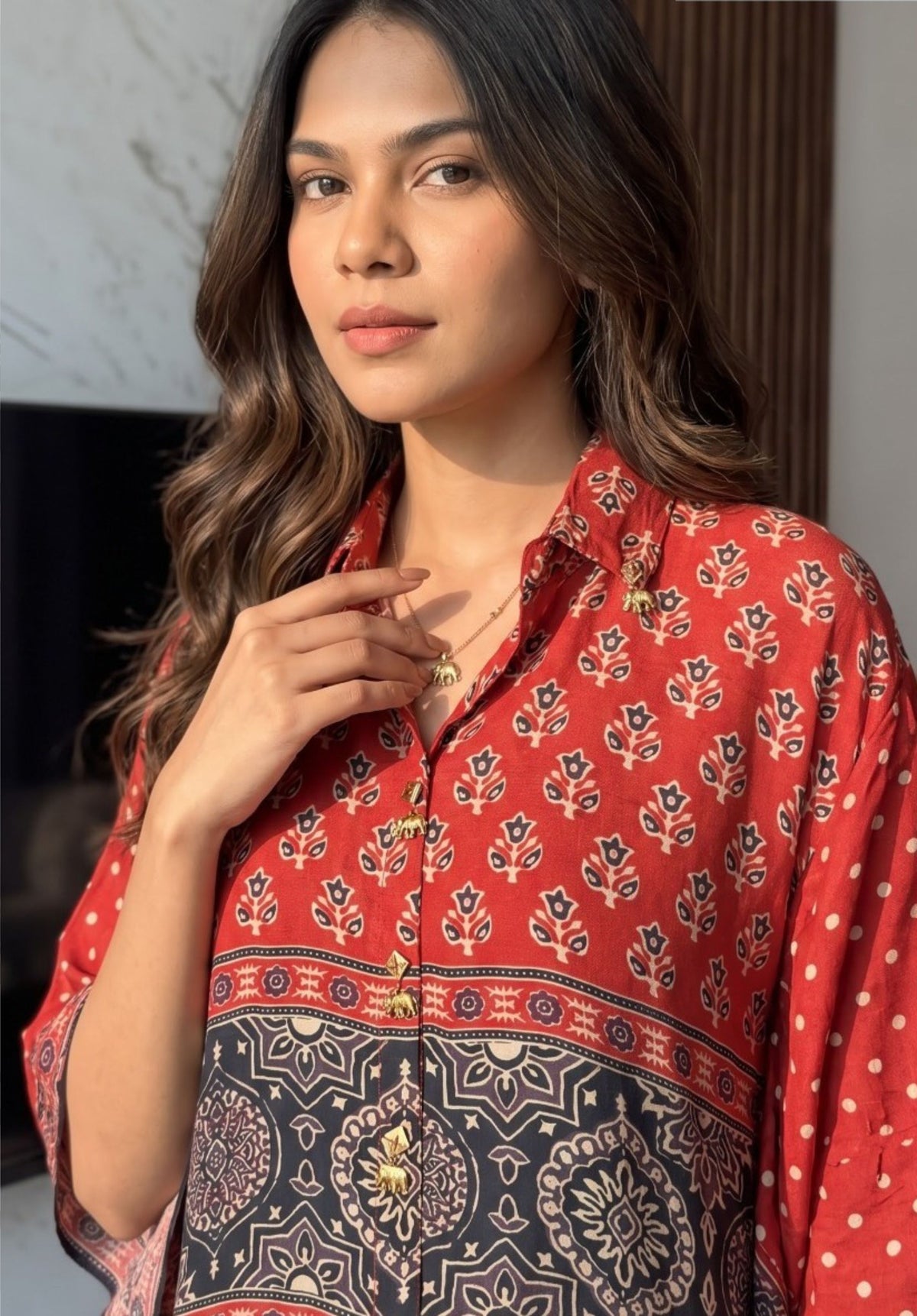 Red Printed Premium Crepe Kaftan Palazzo Suit Set