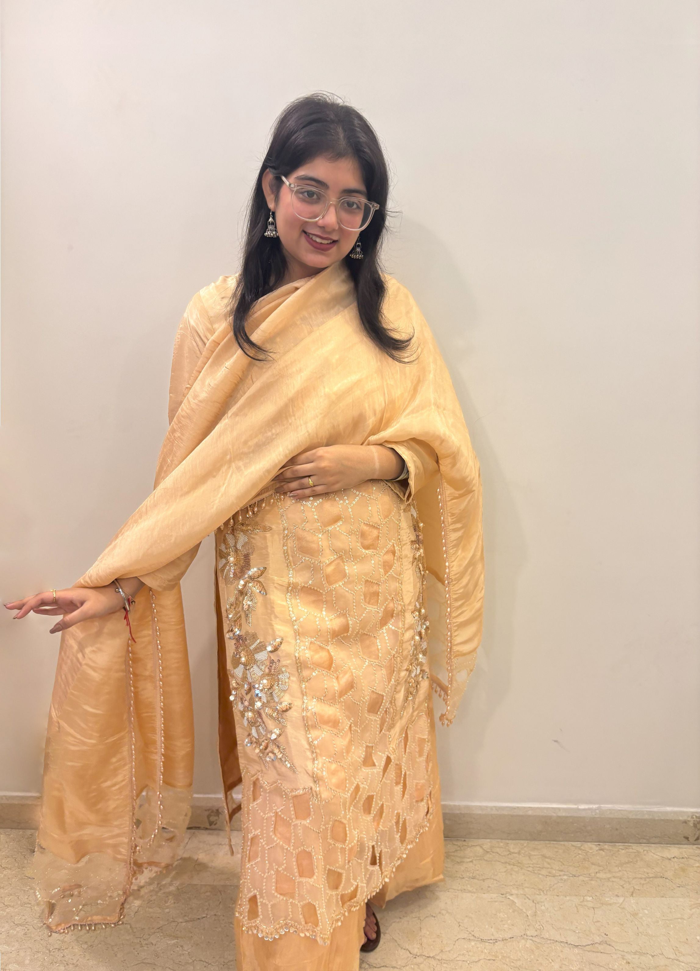 Elegant Tissue Fabric Suit Set with cut work