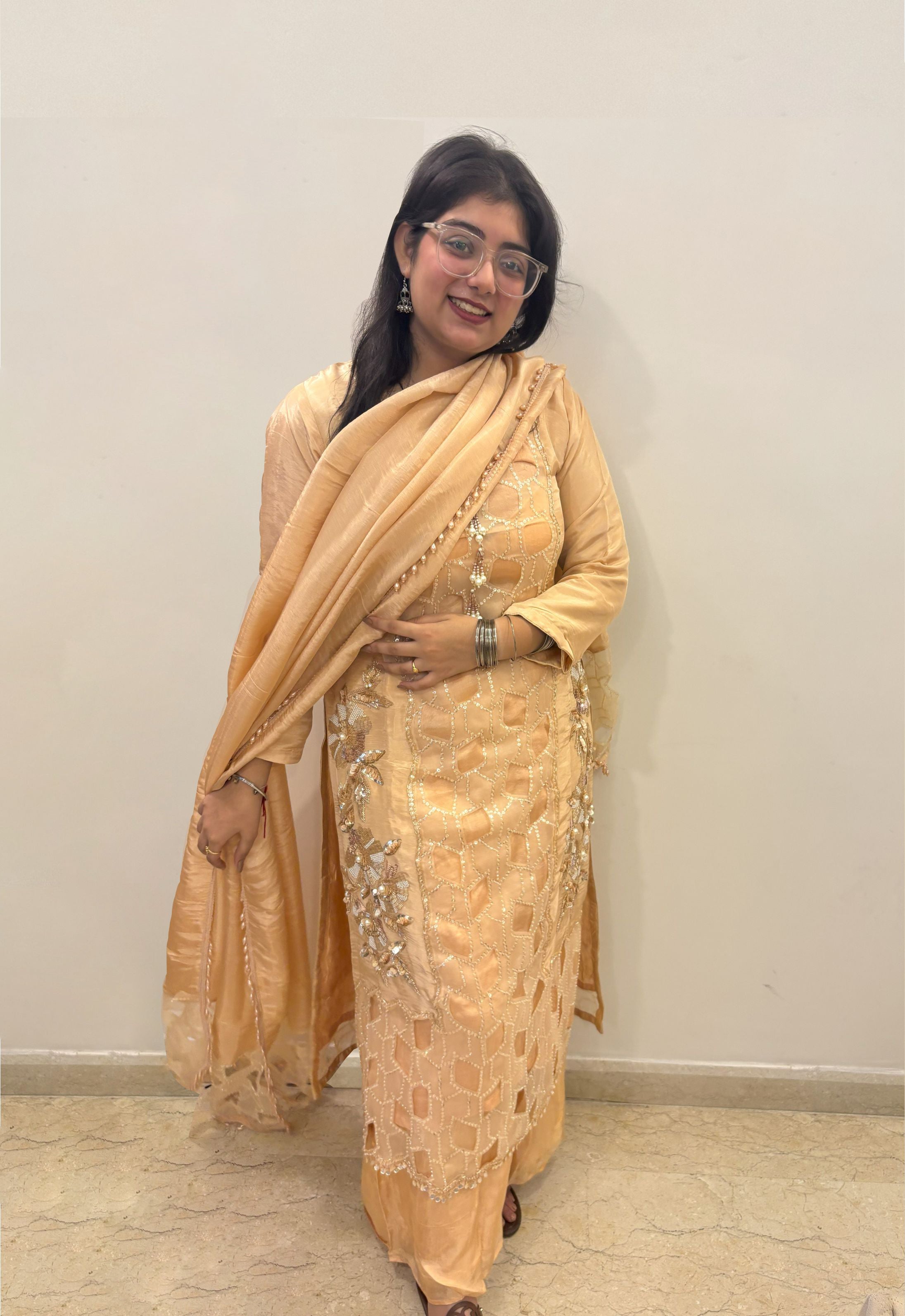 Elegant Tissue Fabric Suit Set with cut work