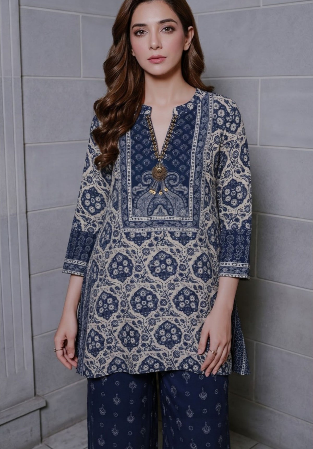Navy Blue Printed Pure Viscose Crepe Kurta Palazzo Set for Women