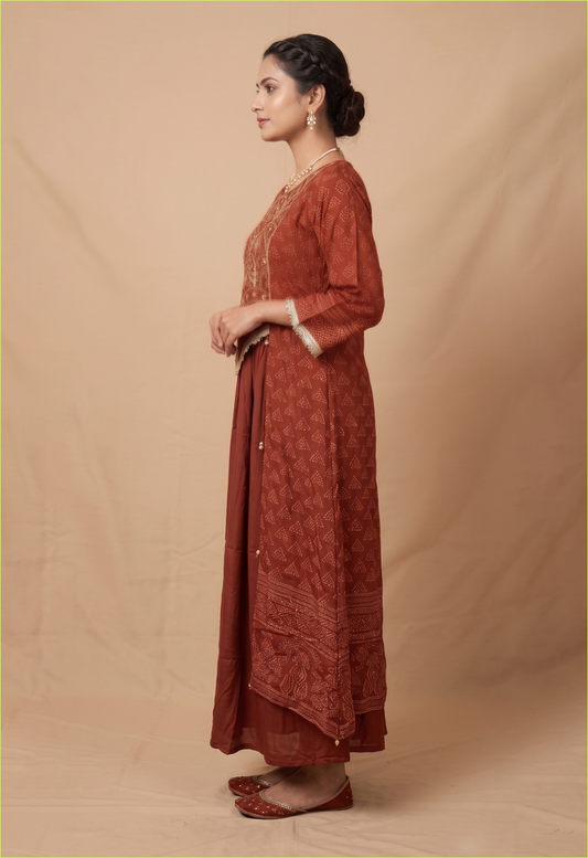 Elegant Rust Crepe Embroidered Anarkali Kurta Set for Festive Ethnic Glamour