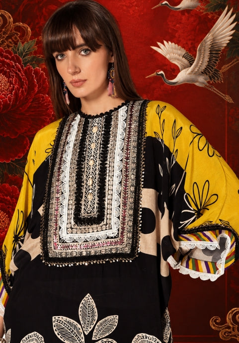 Black Yellow Printed crepe Kurta Palazzo Statement Festive Co-Ord