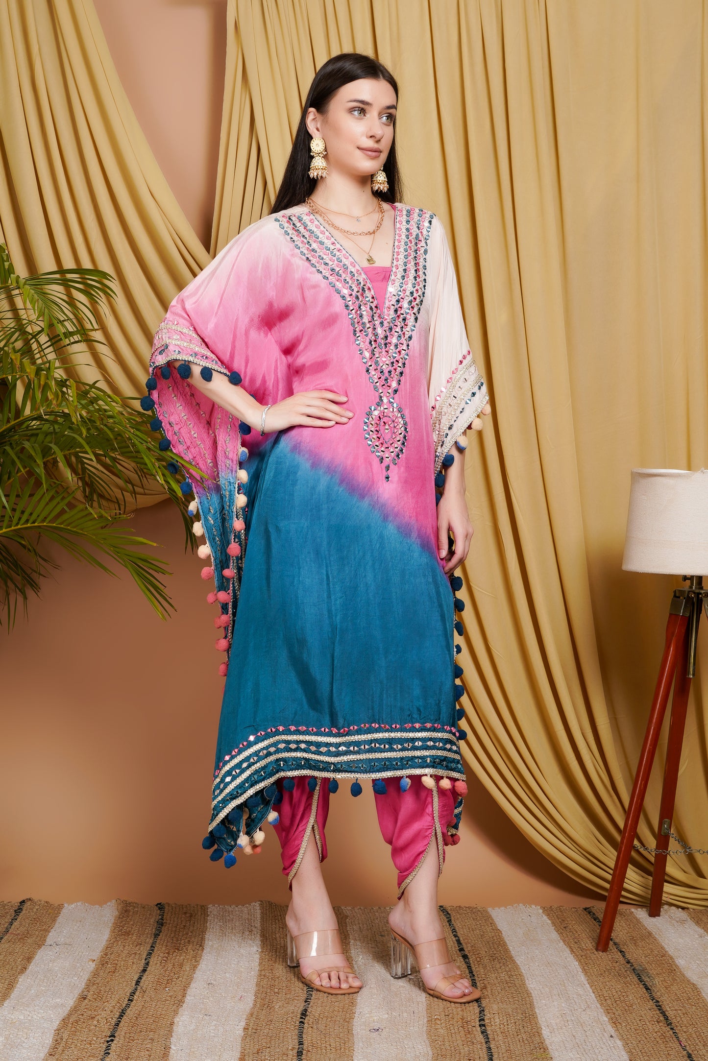 Pink & Blue Tie-Dye Kaftan in Organza with Mirror Work & Pom-Pom Detailing