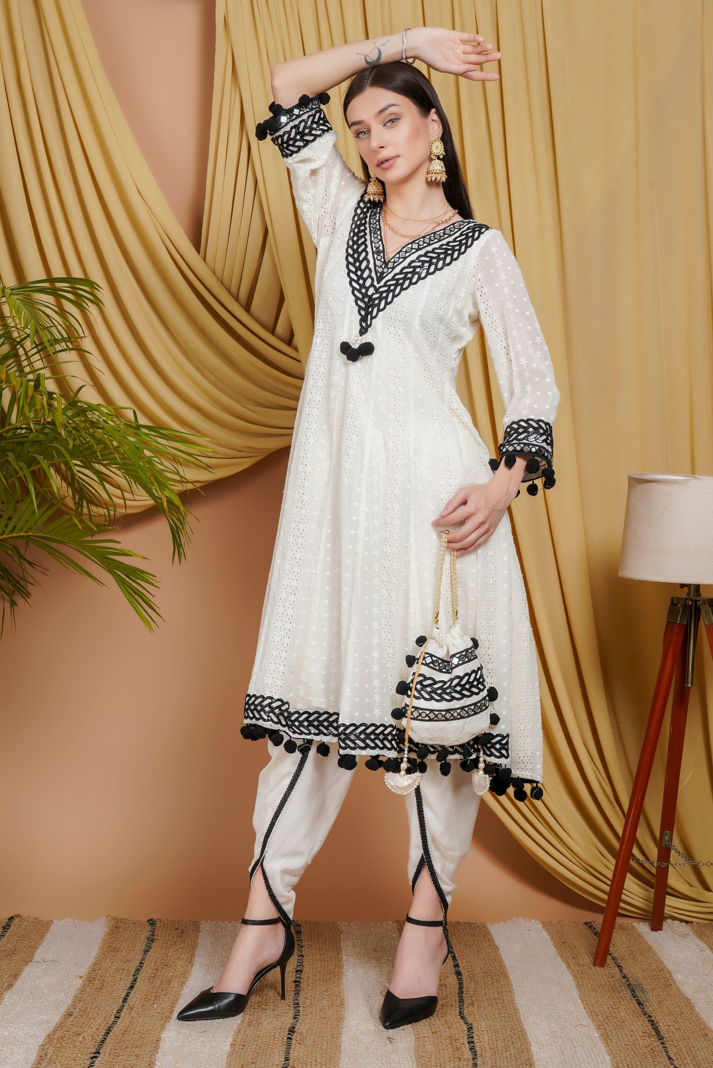 Elegant White & Black Organza Suit with Lace Detailing and Ombre Dupatta