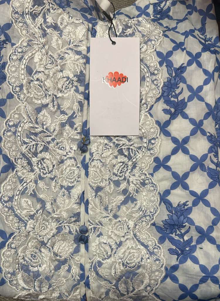 Blue Embroidered Viscose Silk Co-ord Set with Lace Detailing