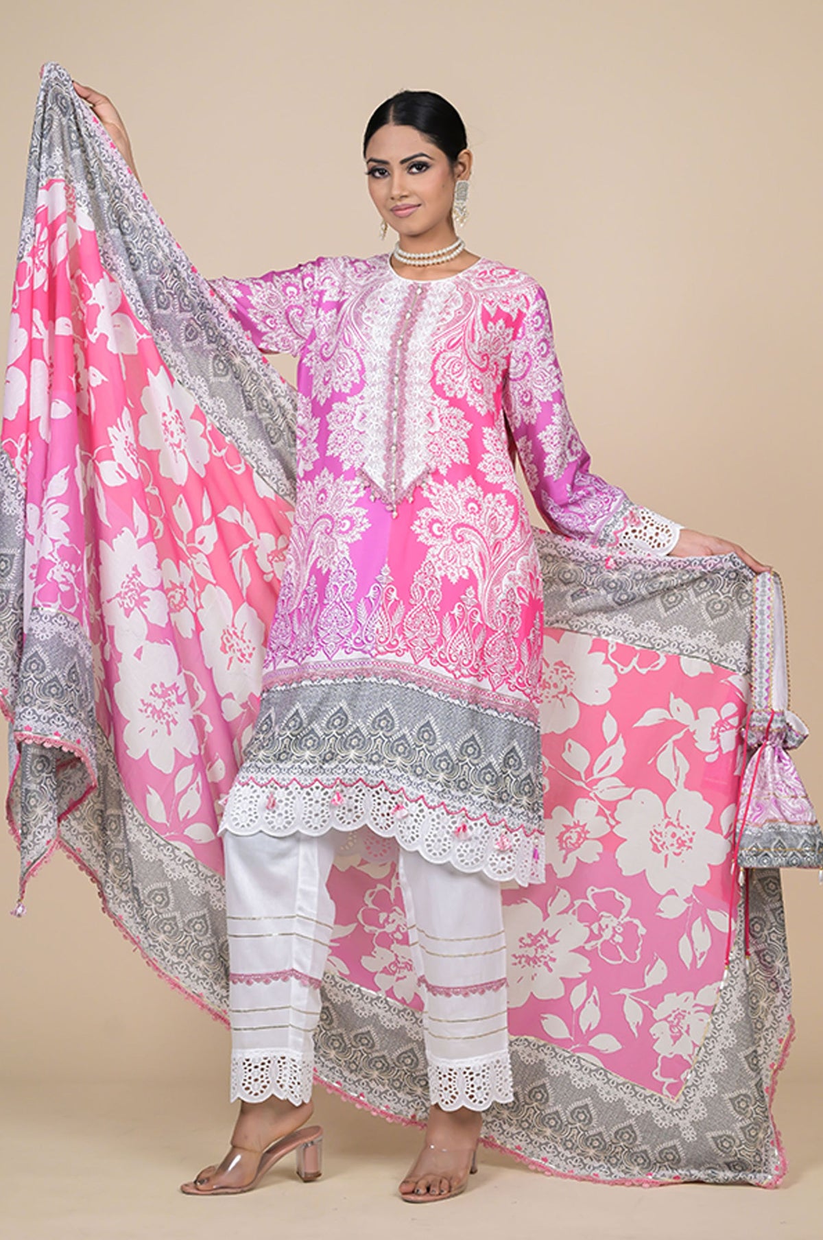 Summer Bloom Pink & White Printed Cotton Muslin Suit Set