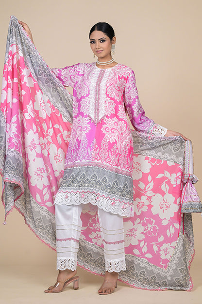 Summer Bloom Pink & White Printed Cotton Muslin Suit Set