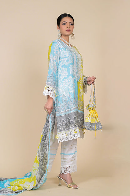 Lime Mist Blue & Yellow Printed Cotton Muslin Suit Set