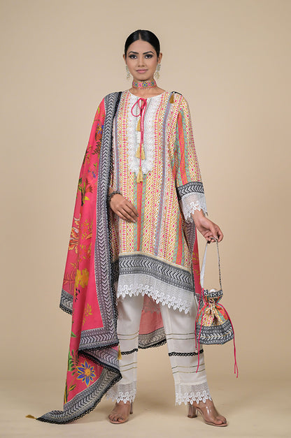 Pink Cotton Muslin Suit with Floral Dupatta & Potli Bag