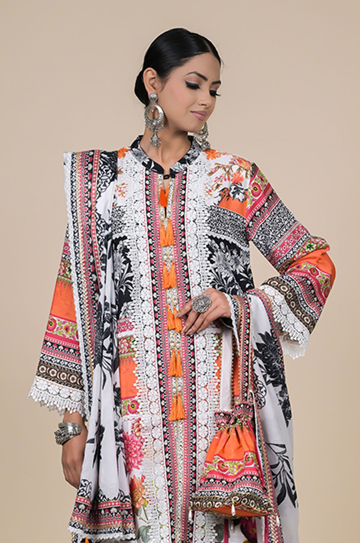 Orange & Black Cotton Muslin Suit Set with Digital Floral Print