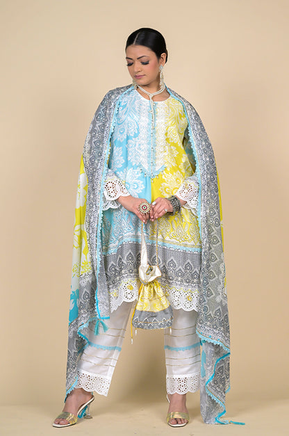 Lime Mist Blue & Yellow Printed Cotton Muslin Suit Set