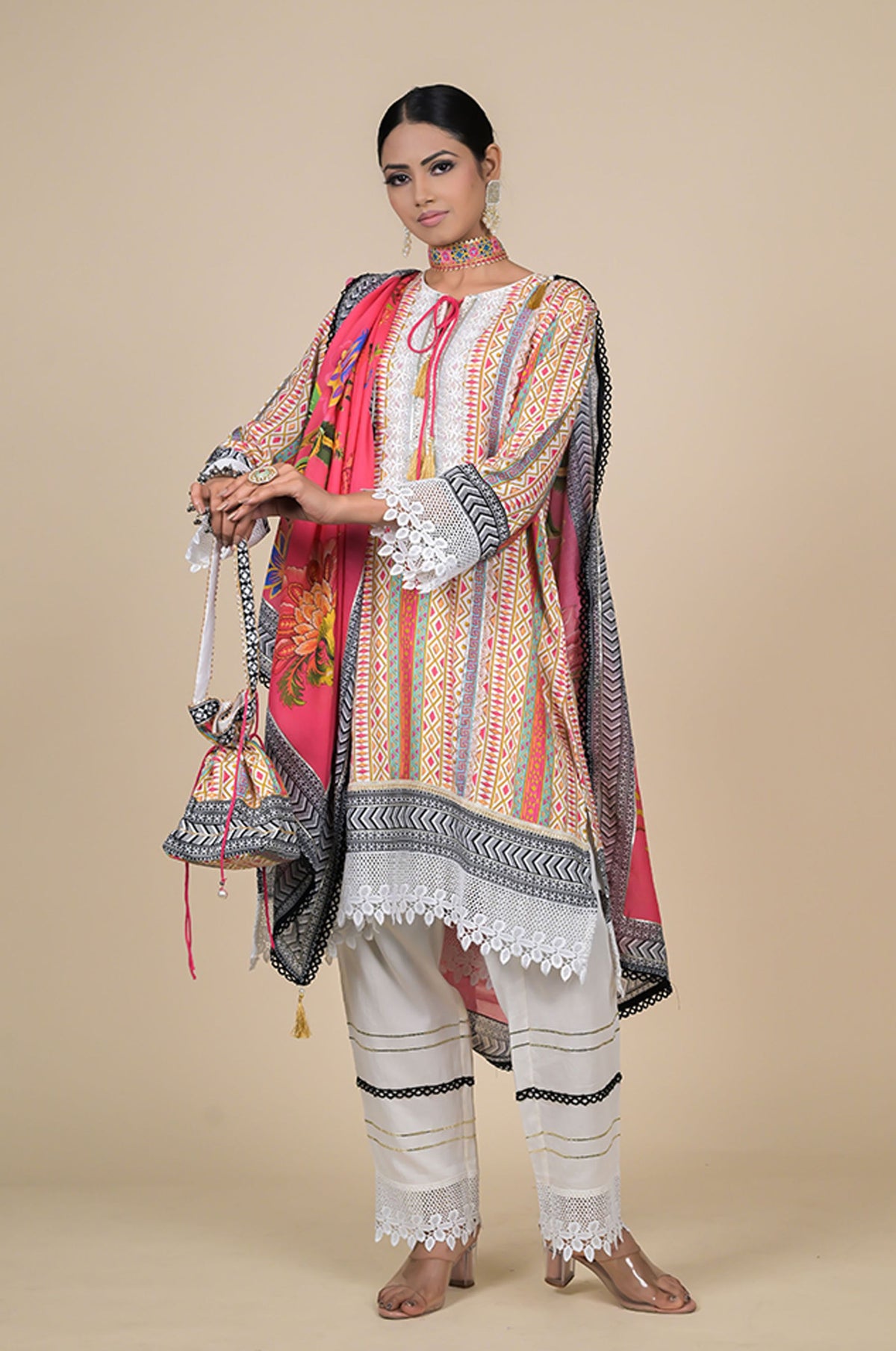 Pink Cotton Muslin Suit with Floral Dupatta & Potli Bag