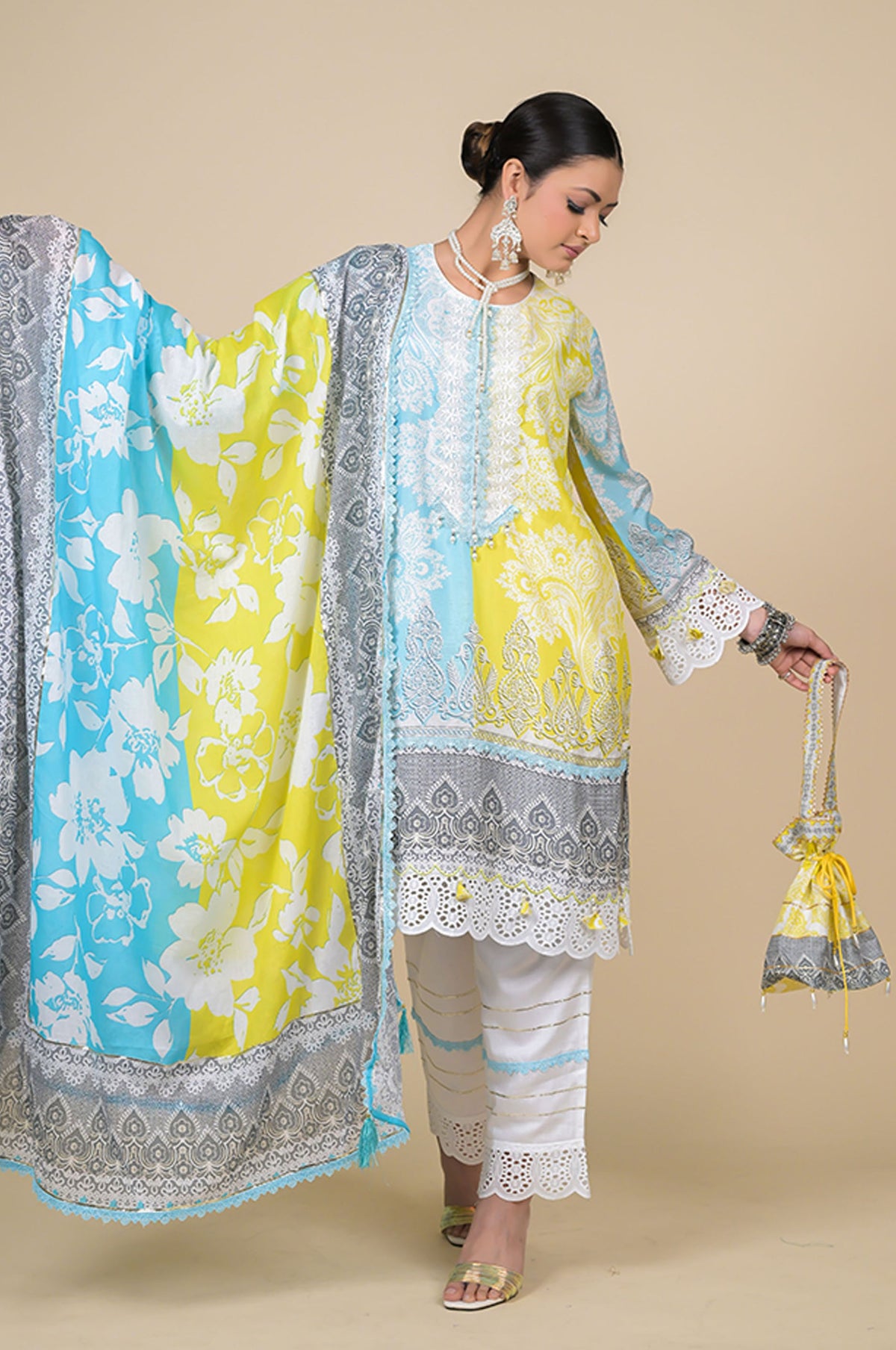 Lime Mist Blue & Yellow Printed Cotton Muslin Suit Set