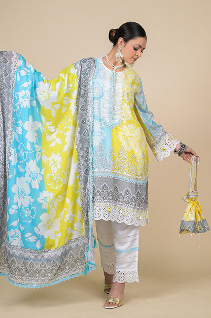 Lime Mist Blue & Yellow Printed Cotton Muslin Suit Set