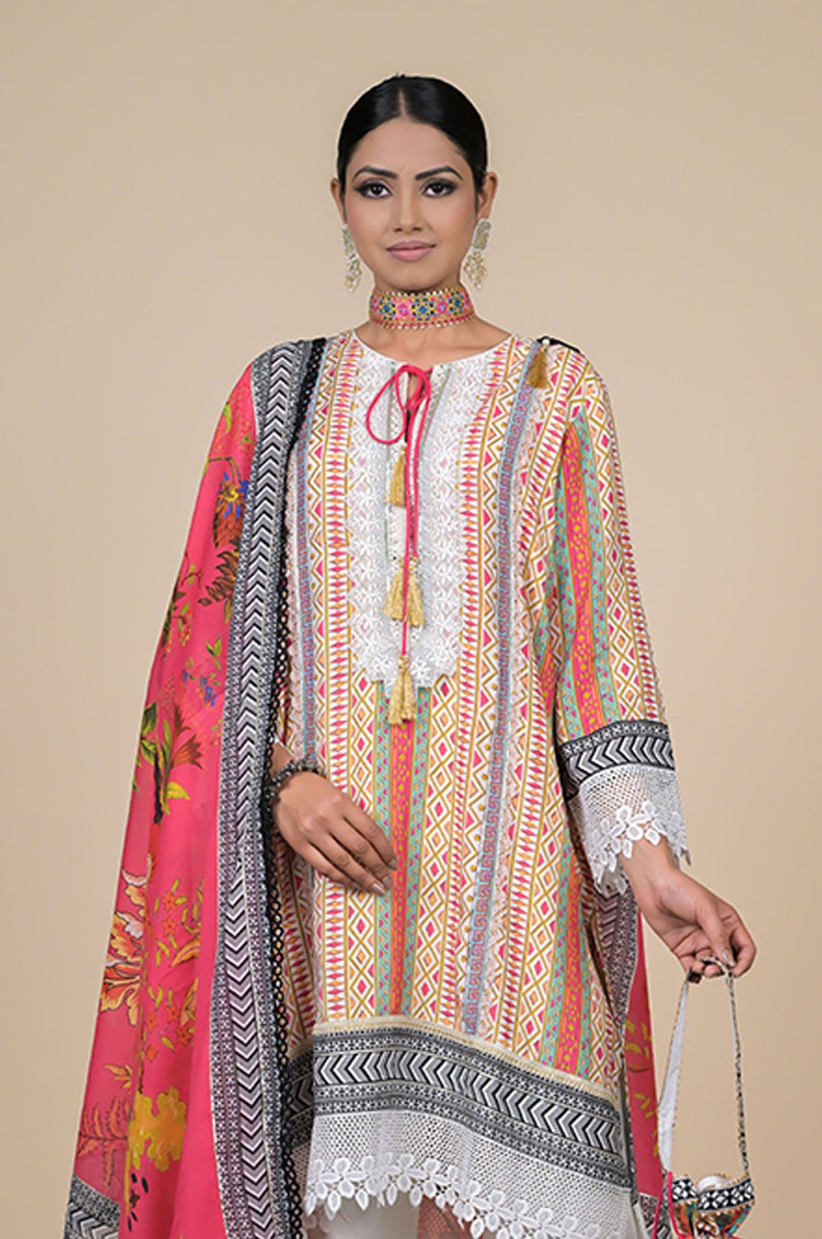 Pink Cotton Muslin Suit with Floral Dupatta & Potli Bag