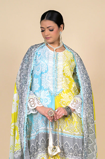 Lime Mist Blue & Yellow Printed Cotton Muslin Suit Set