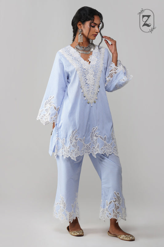 Sky Blue Stripe Pattern Co-ord Set - Noor-e-Rang