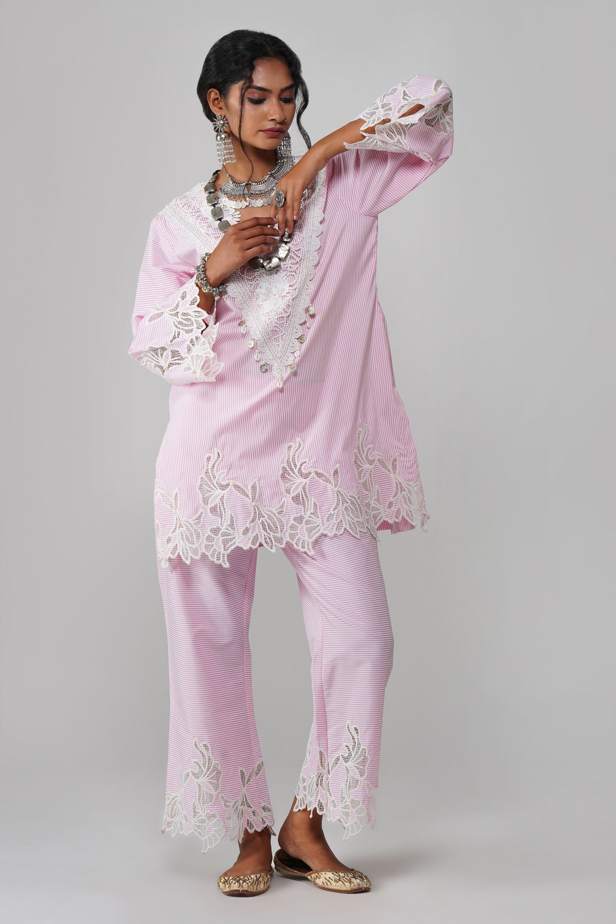 Light Pink Stripe Pattern Co-ord Set - Noor-e-Rang
