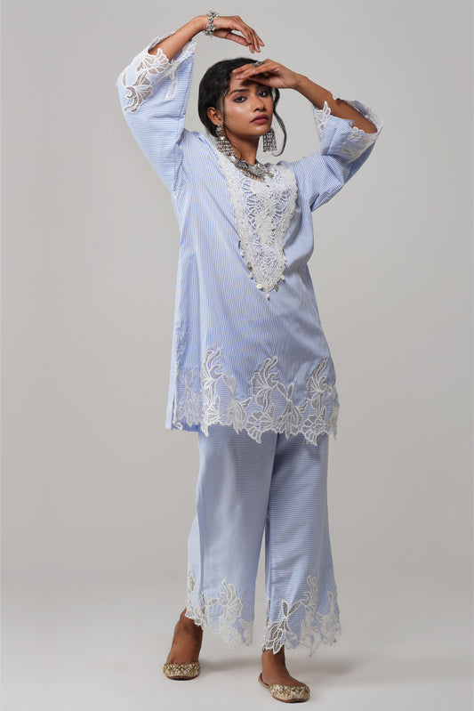 Sky Blue Stripe Pattern Co-ord Set - Noor-e-Rang