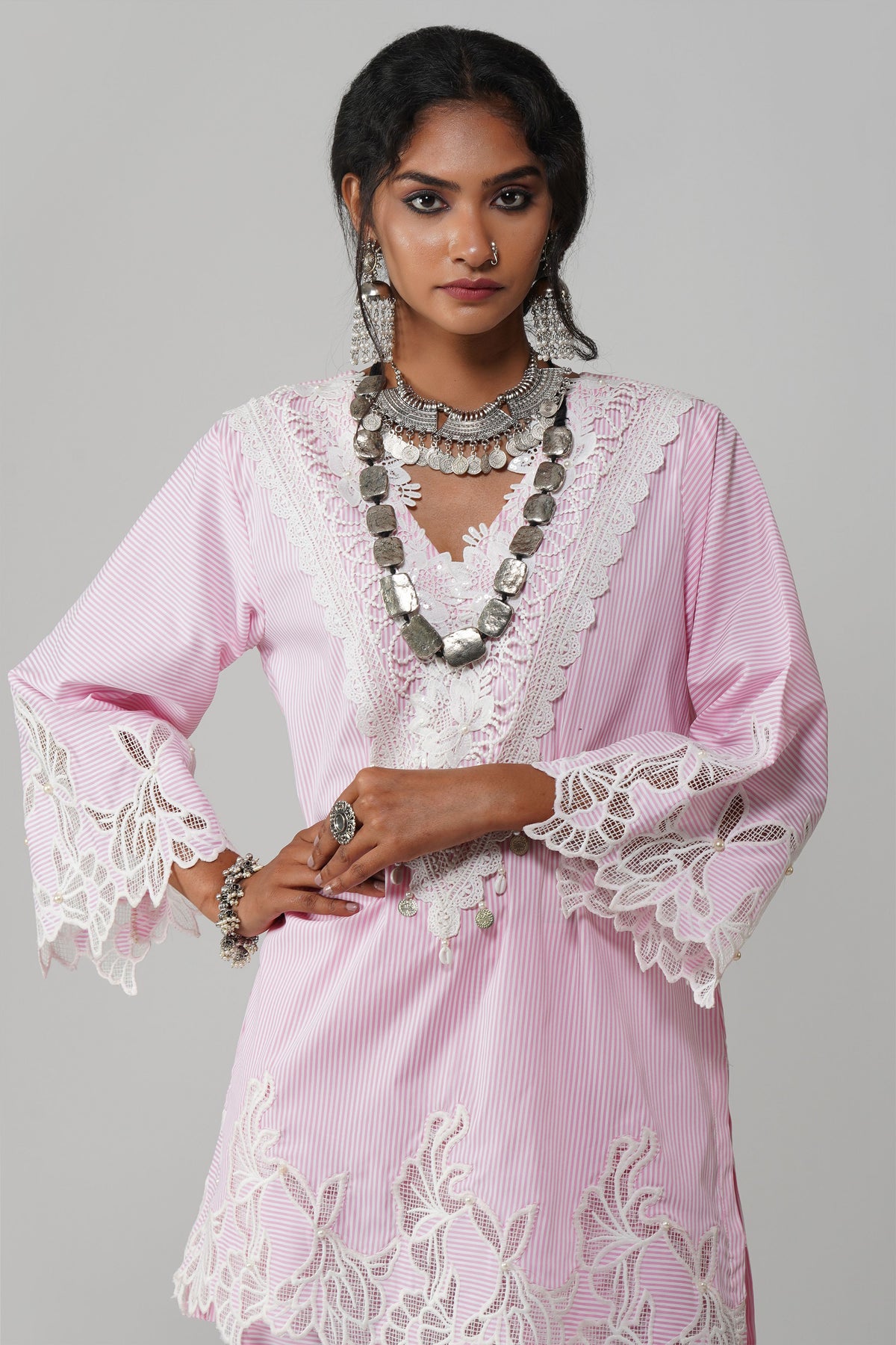 Light Pink Stripe Pattern Co-ord Set - Noor-e-Rang