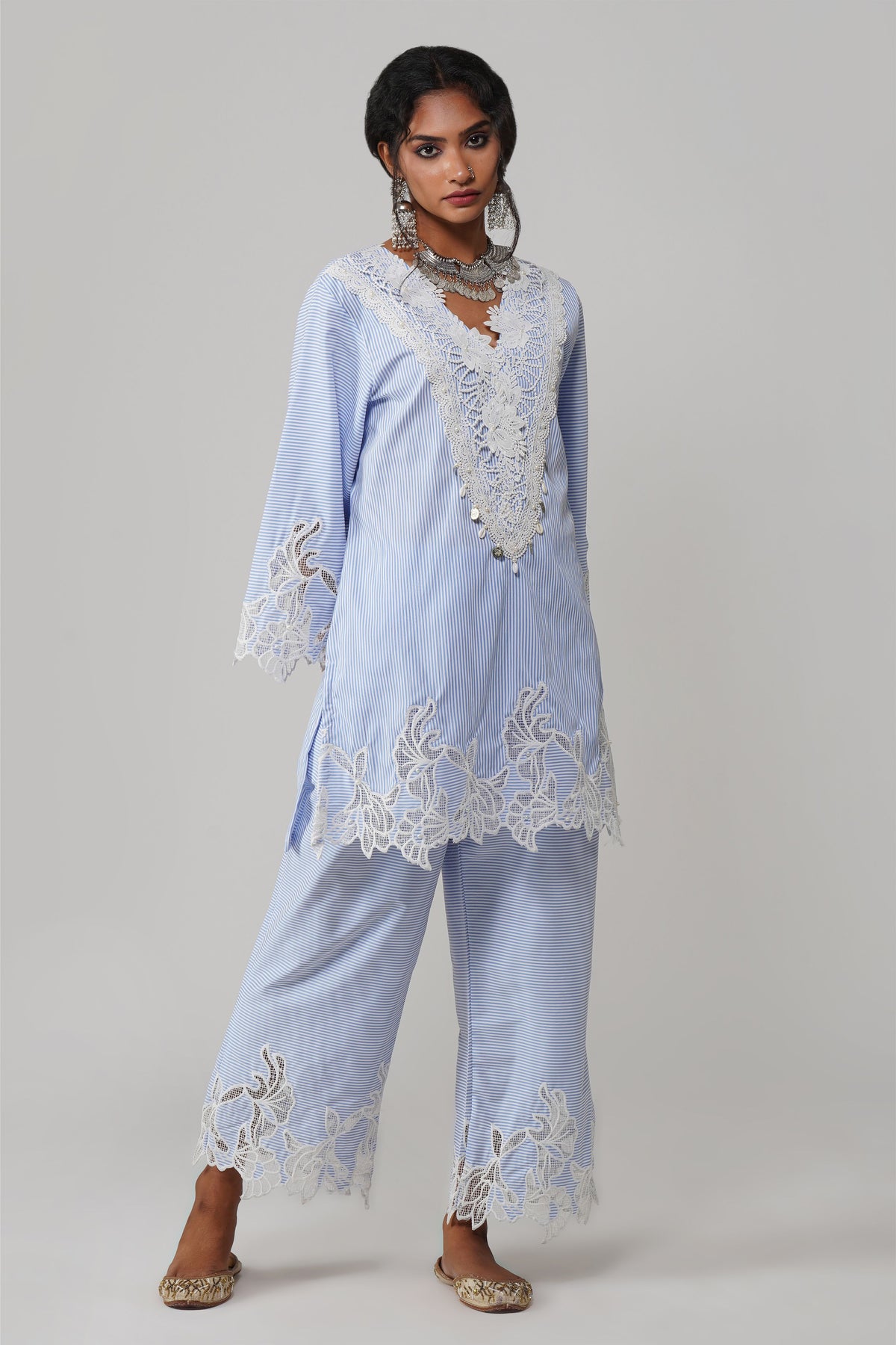 Sky Blue Stripe Pattern Co-ord Set - Noor-e-Rang