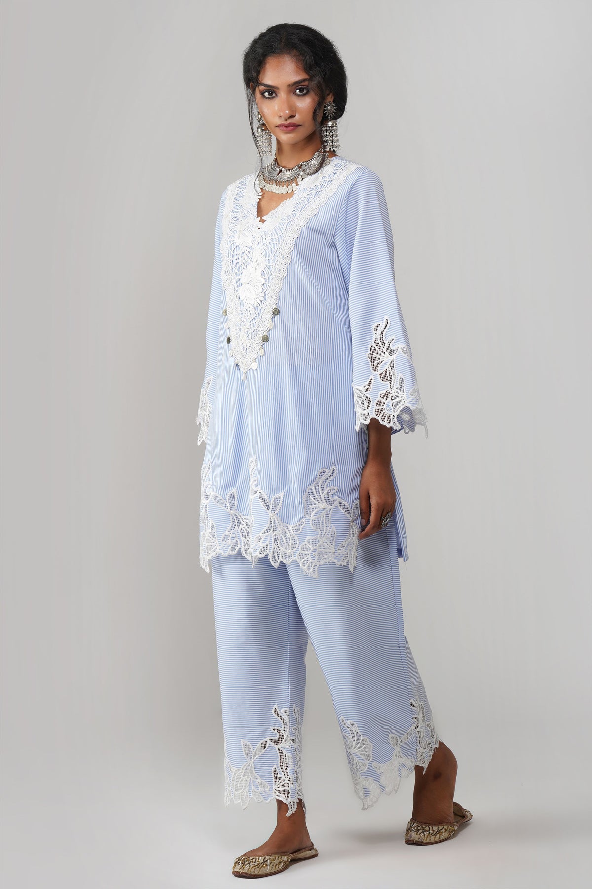 Sky Blue Stripe Pattern Co-ord Set - Noor-e-Rang