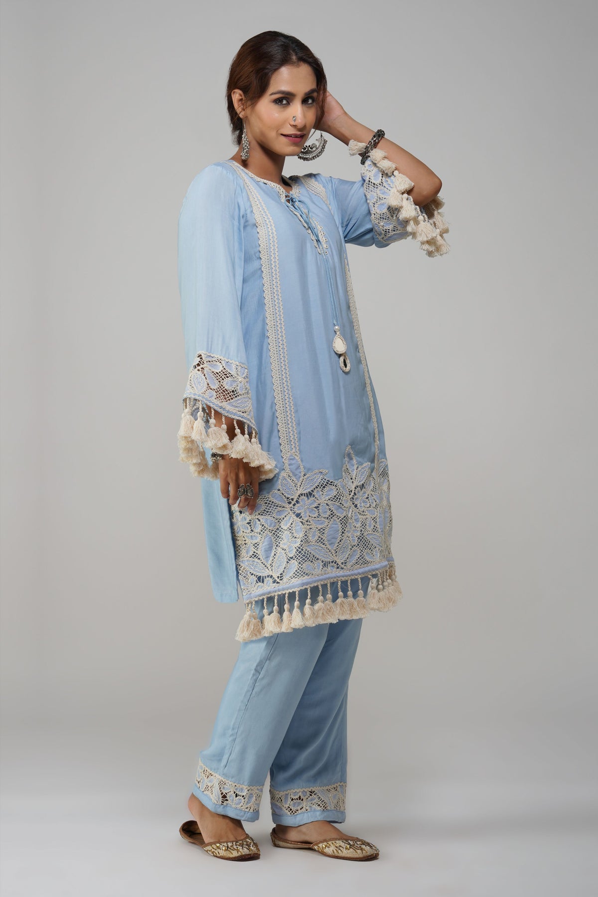 Sky Blue Cotton Tunic Set - Noor-e-Rang