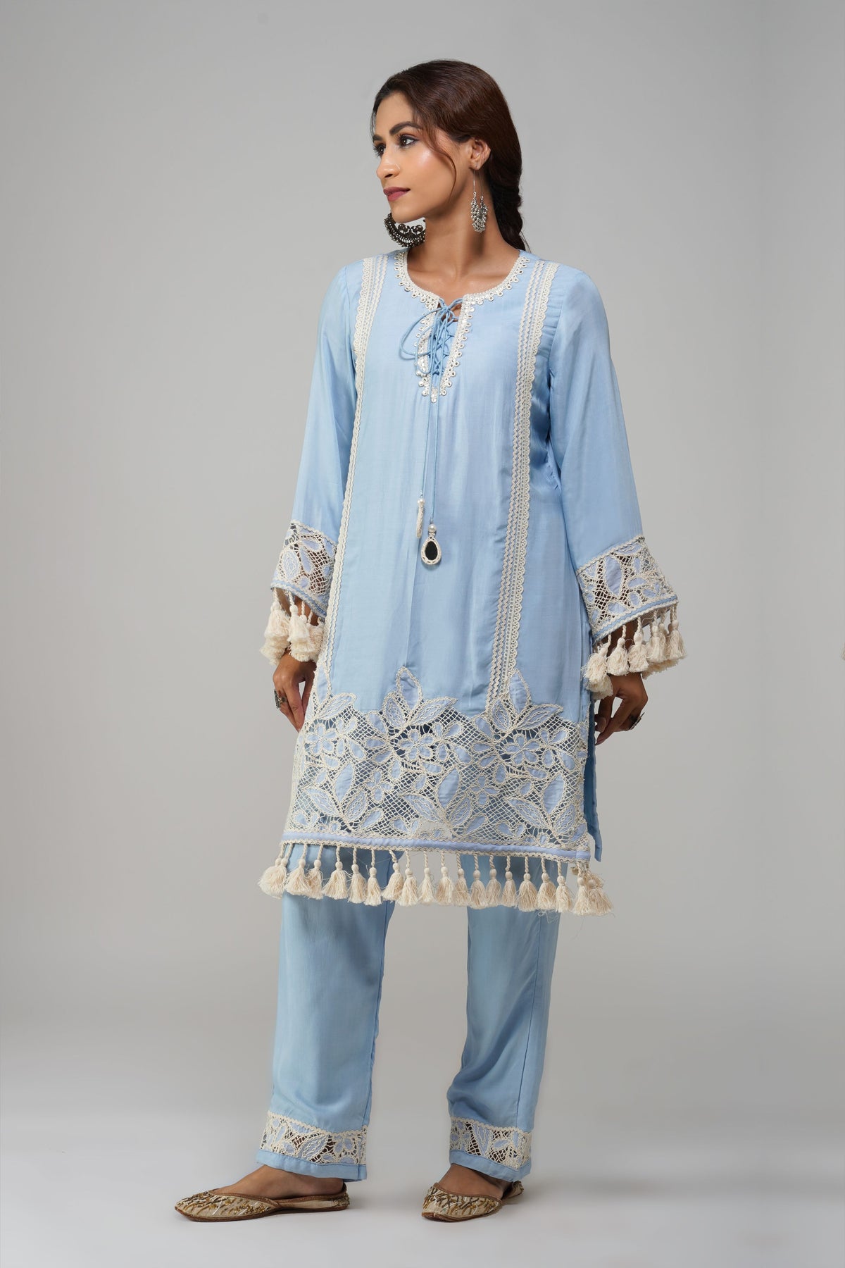 Sky Blue Cotton Tunic Set - Noor-e-Rang