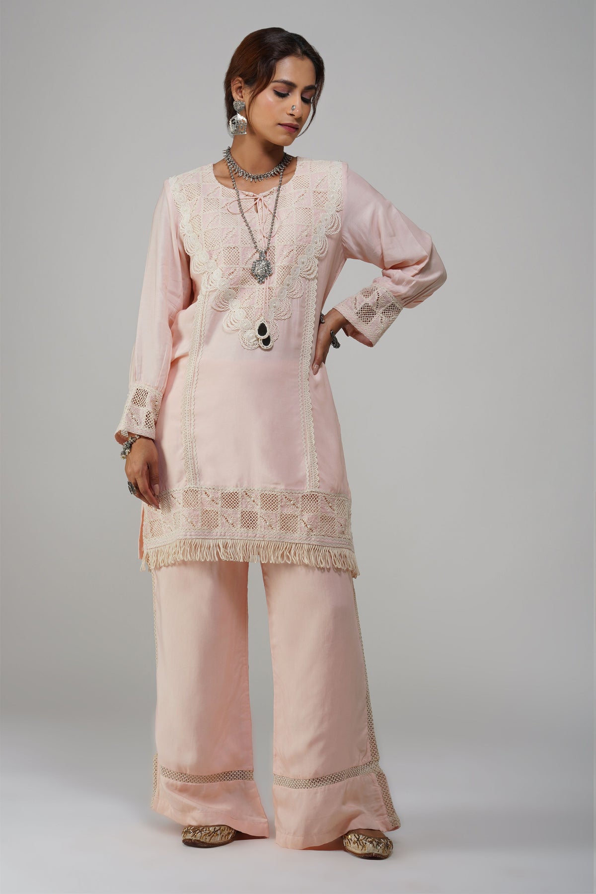 Straight Tunic Set Pastel Pink Cotton - Noor-e-Rang