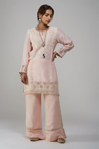 Straight Tunic Set Pastel Pink Cotton - Noor-e-Rang