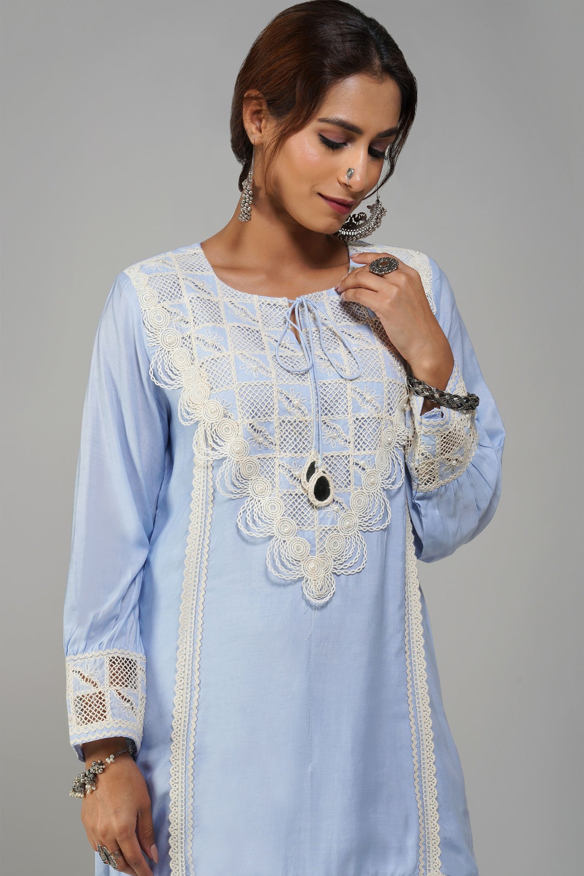 Straight Tunic Set Sky Blue Cotton - Noor-e-Rang