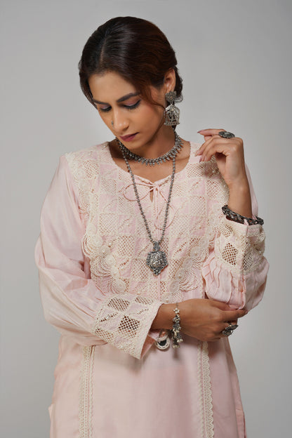 Straight Tunic Set Pastel Pink Cotton - Noor-e-Rang