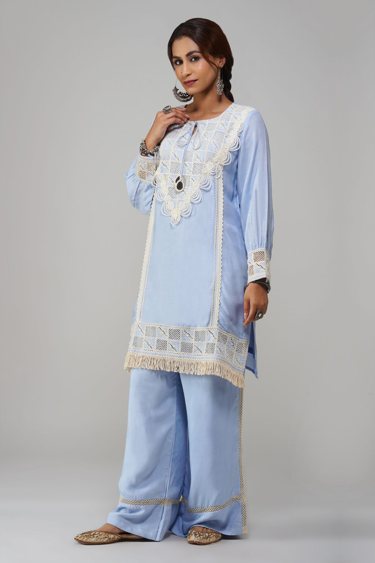 Straight Tunic Set Sky Blue Cotton - Noor-e-Rang